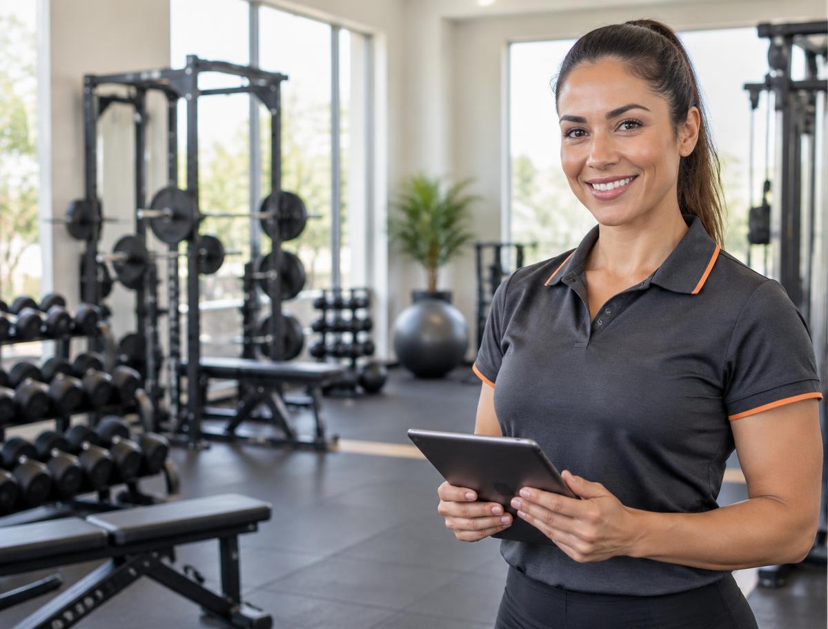 Personal trainer em uma academia, pronta para receber novos alunos